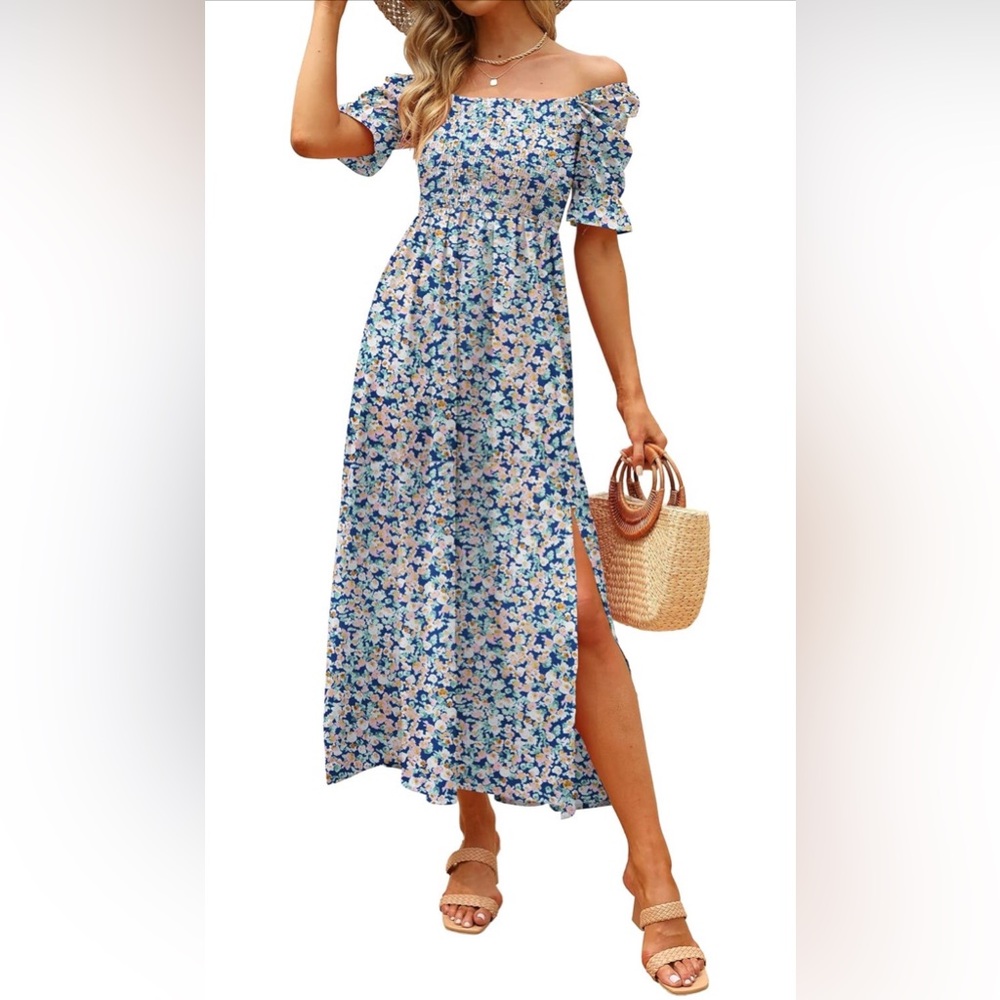 Floral Puff-Sleeve Maxi Dress in Navy and Pink